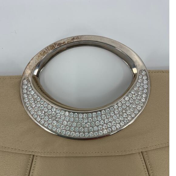 Kate Landry Rhinestones Cocktail Tan Purse Clutch Handle Grommets Strap Retro - Picture 9 of 14